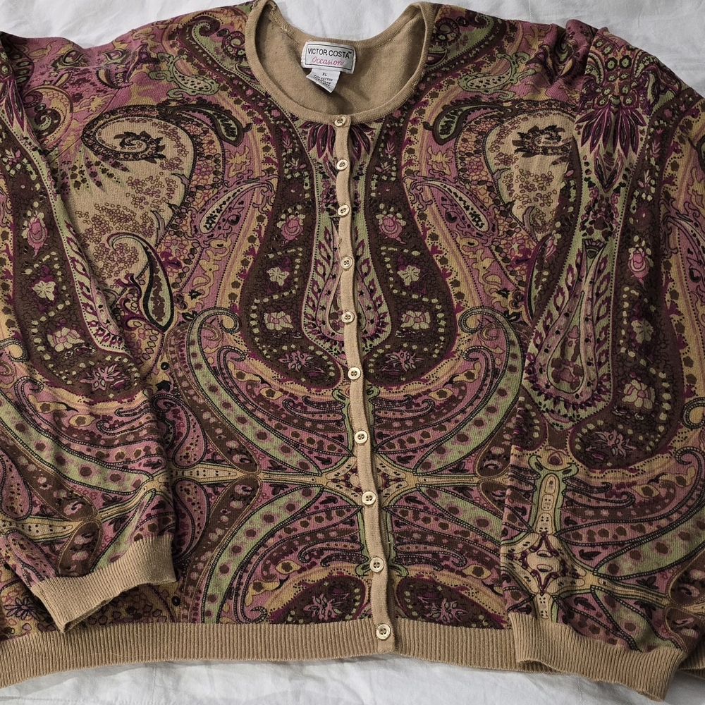 Victor Costa Beige and Pink Paisley Knit Top